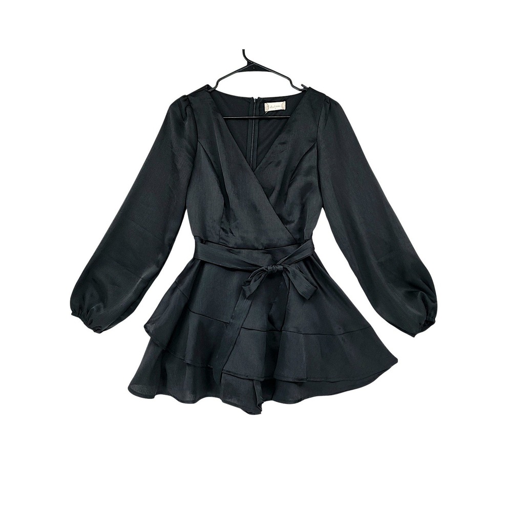 Altar'd State Romper S Artesia Black Long Sleeve Ruffle Wrap Belted Mini Dress